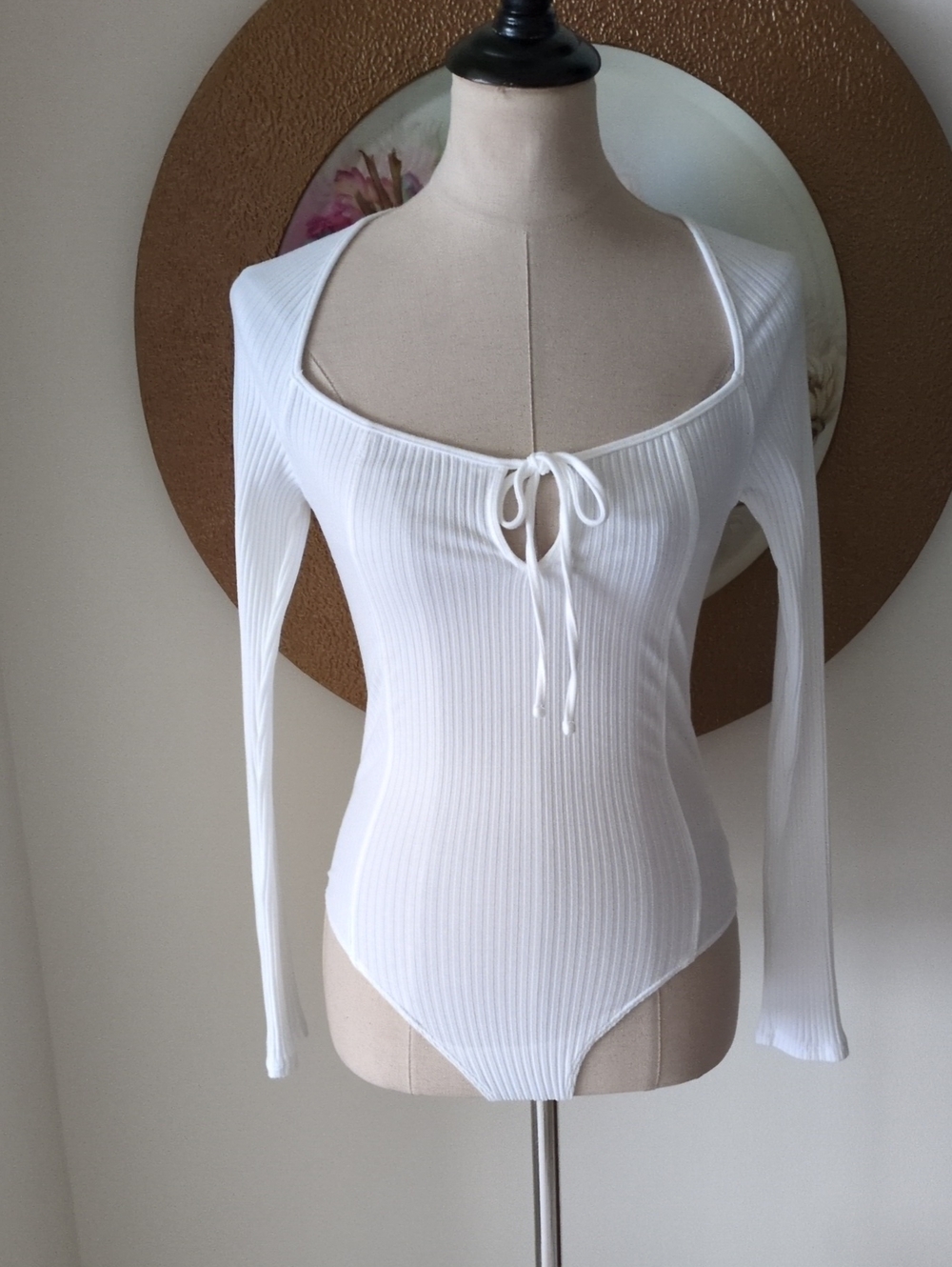Arie White Ribbed Tie-Front Long Sleeve Bodysuit